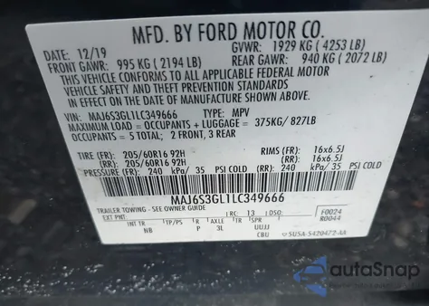 2020 Ford Ecosport Se z USA, uszkodzony, nr VIN MAJ6S3GL1LC349666
